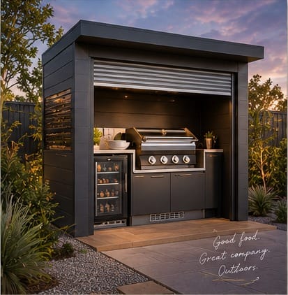 A charcoal freestanding BBQ pod with a roller shutter raised to show a built-in BBQ, bar fridge and cabinetry, lit warmly at dusk.